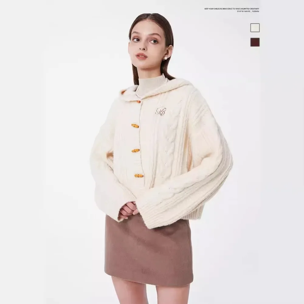 

Europe America Fashion All Match Wool Knitted Cardigan Jacket Autumn Winter Loose Vintage Horn Button Hooded Sweater Women