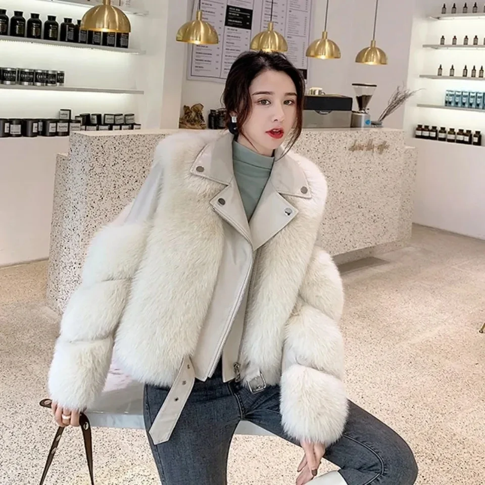 Black New imitation fox fur grass Jacket For women Motorcycle Short Slimming Fur Coat Female Winter Warm Thick Zipper Jackets