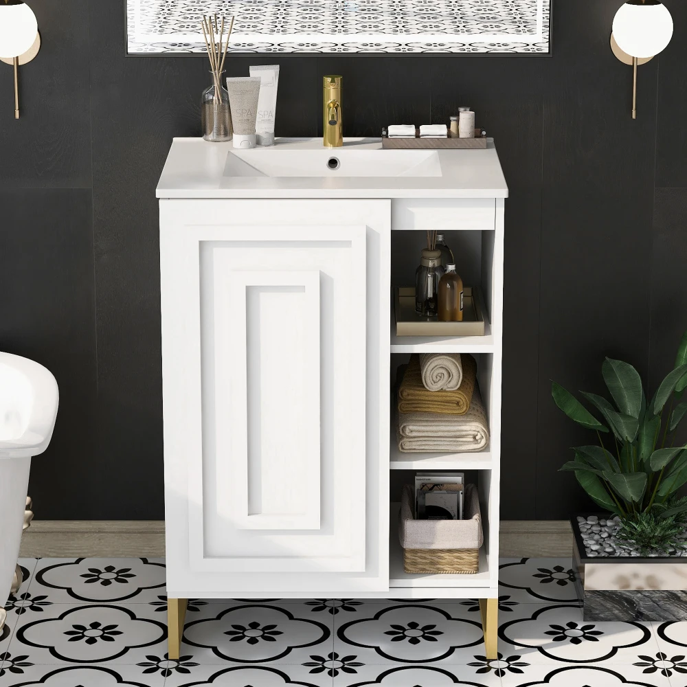 24 Inch White Bathroom Vanity Sink Combo for Small Space, Modern Design with Ceramic Basin, Gold Legs and Semi-open Storage