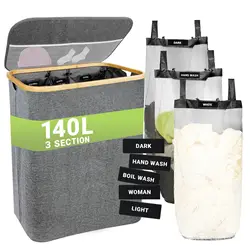 140 L Laundry Basket 3 Compartments foldable Laundry Hamper with Lid Laundry Sorter with Washing Instructions and 3 Laundry Bags
