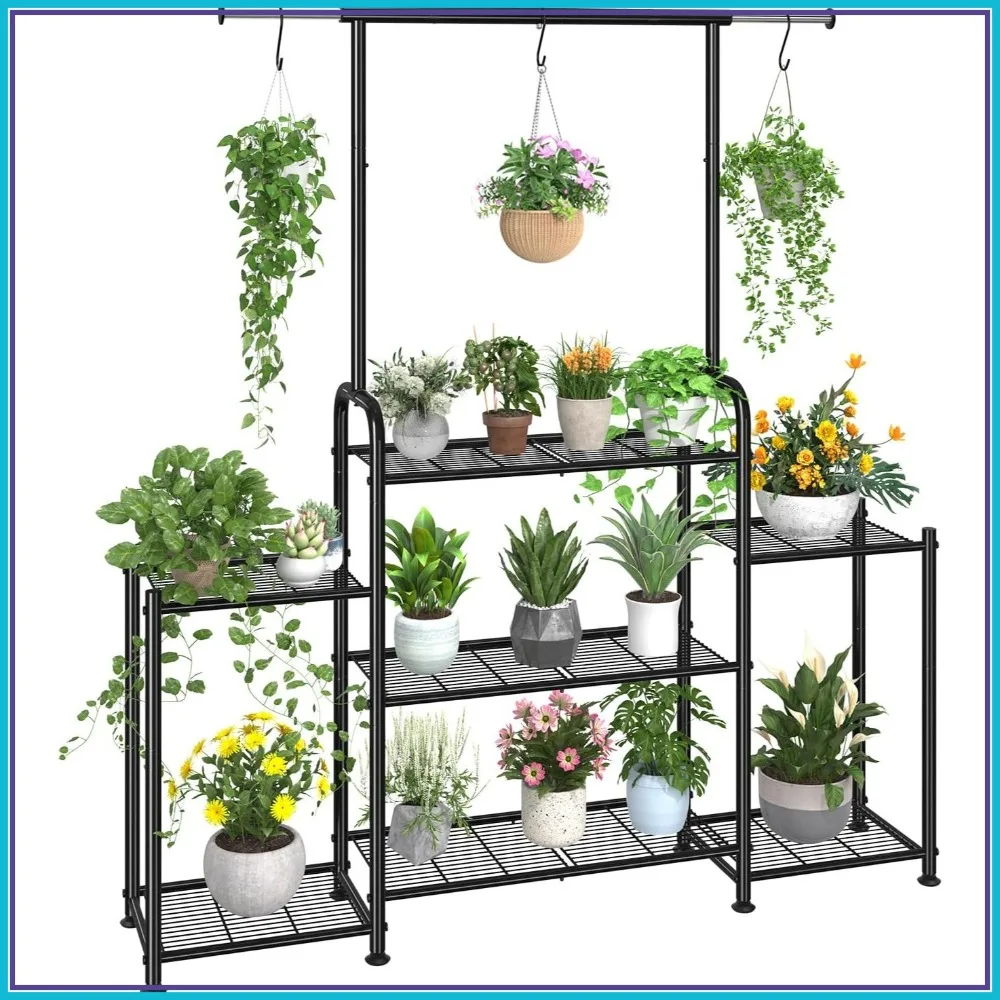 3-Tier Metal Plant Stand for Indoor Outdoor Use, Tall Hanging Shelf for Multiple Flower Pots, Heavy Duty Ladder Holder in Black