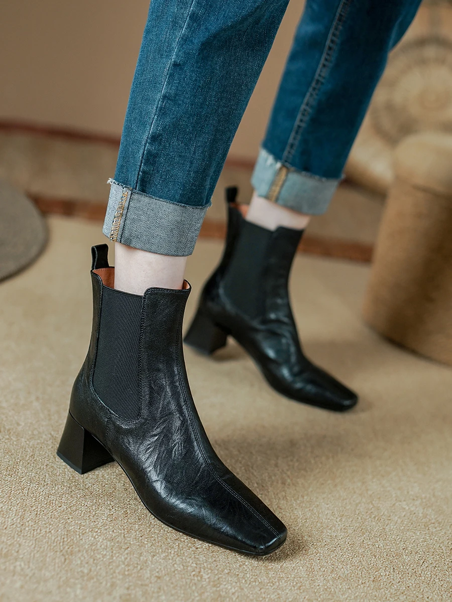 Genuine Sheepskin Leather New Spring Women's Ankle Boots Fashion Ladies Square Toe Retro Black/Coffee Mid 4.5cm Block Heel Boots