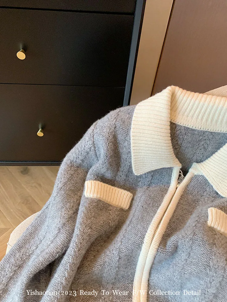 Korean Autumn Women Grey Cashmere Top Single Breasted Cozy Sweater Fashion Simple Cardigans Casual Cozy Outerwear Preppy Style