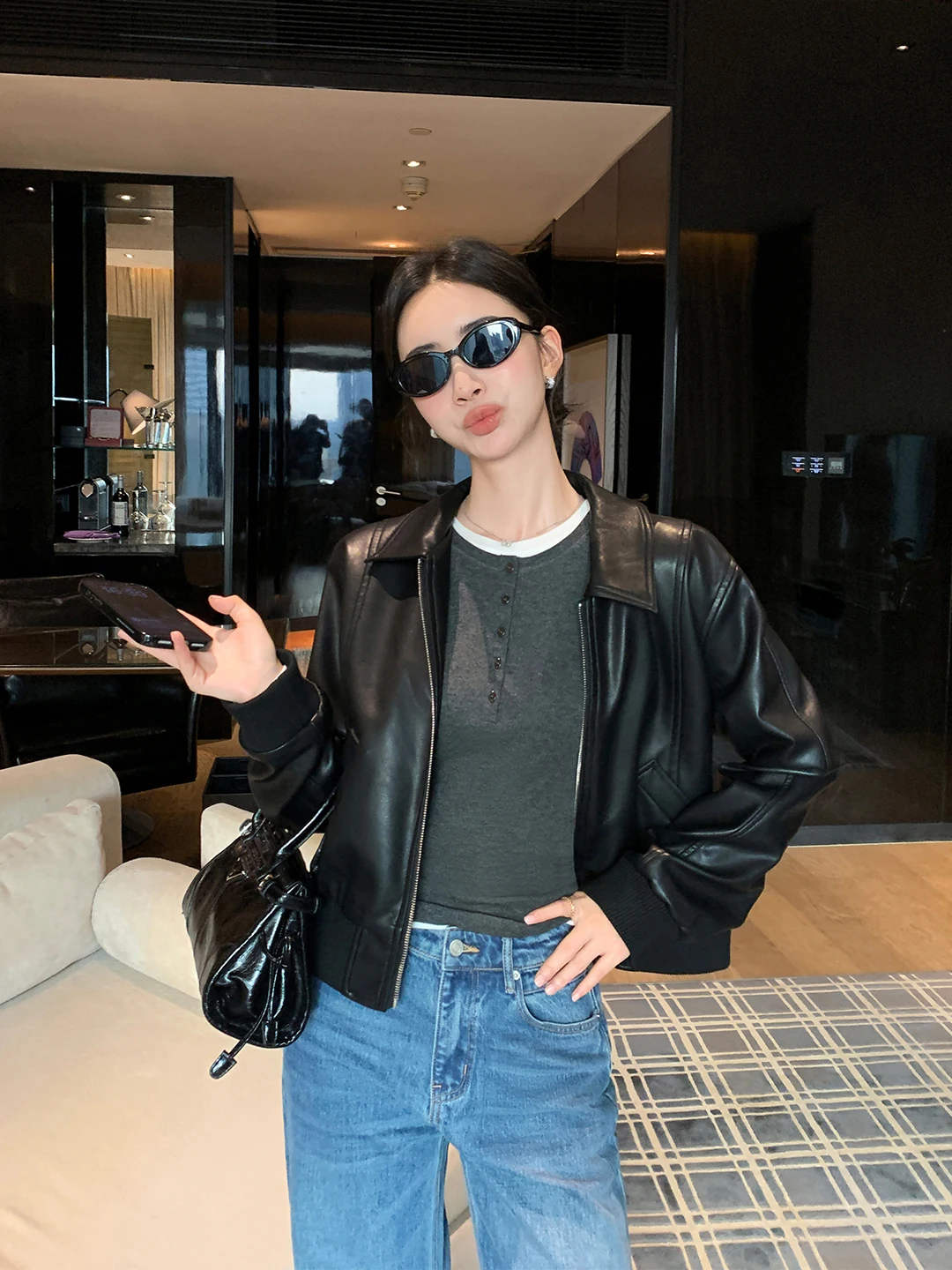 

Maven Lin, современная новая последовательность, высококачественный Bla из искусственной кожи, женская верхняя одежда Ele, мотоциклетный топ