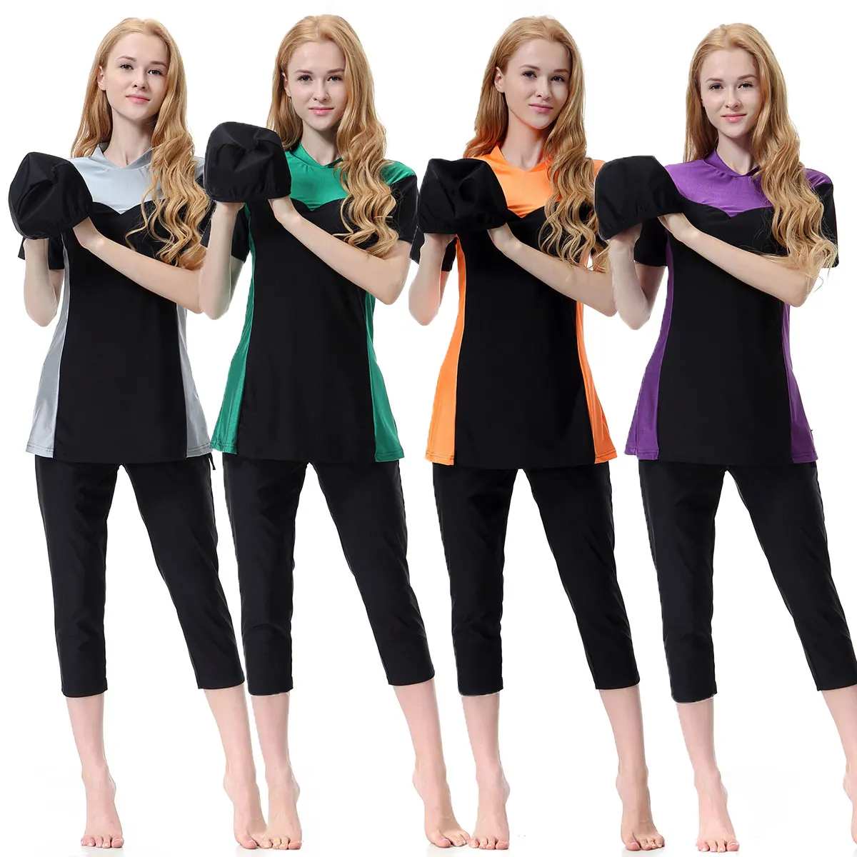 S-3XL Short Style Islamic Muslim Swimsuit Burkini for Women Ladies Color Patchwork Quick Dry 3pcs/set