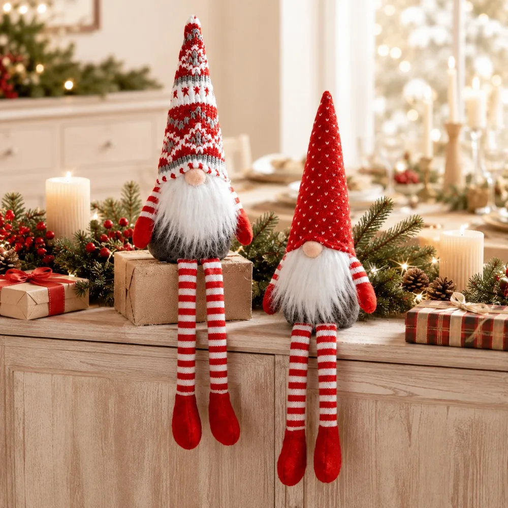 2 pieces of Santa Without a Face figurines, equipped with striped peaked hats and slender legs. The design is unique and exudes