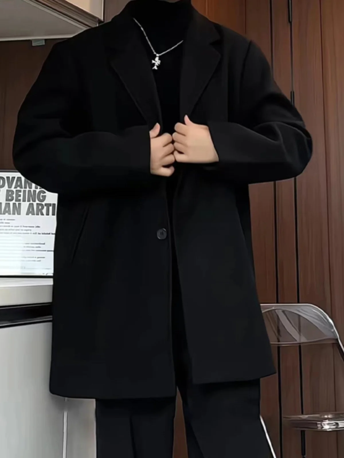 

Thiened Woolen Coat for Men Autumn Winter Sli Casual Windbreaker Long Length Suit Collar All-Match Outerwear for Couples