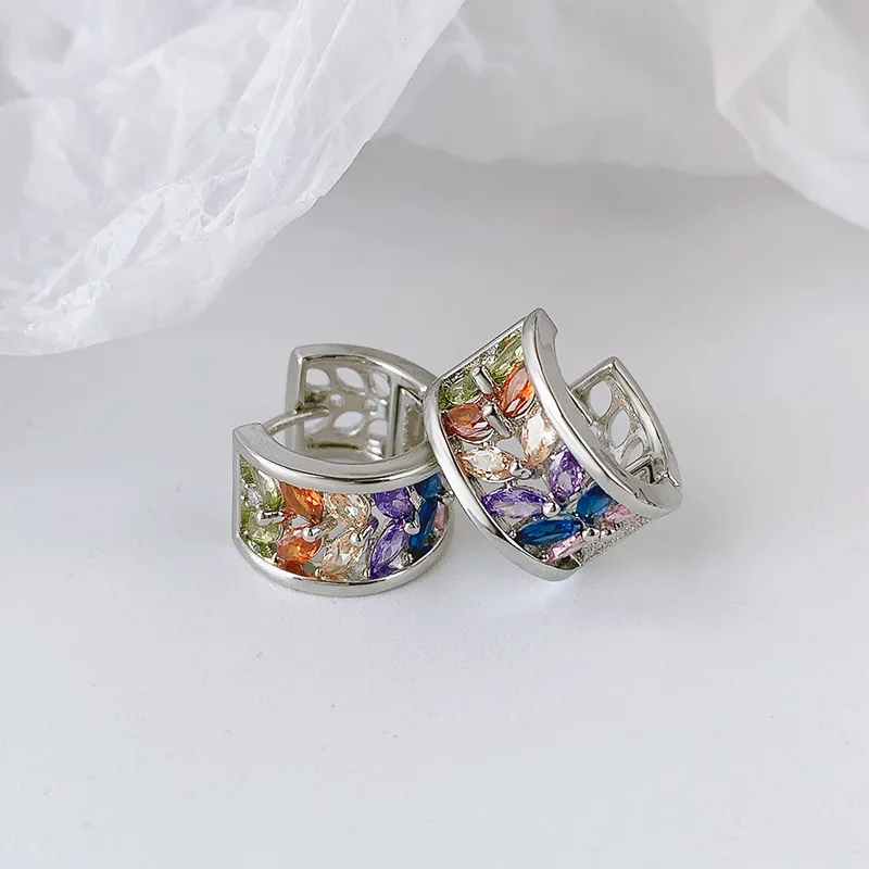New Fashion Micro-inlaid Colorful Zircon Leaves Ear Buckle 925 Sterling Silver Jewelrt Temperament Earrings  E070