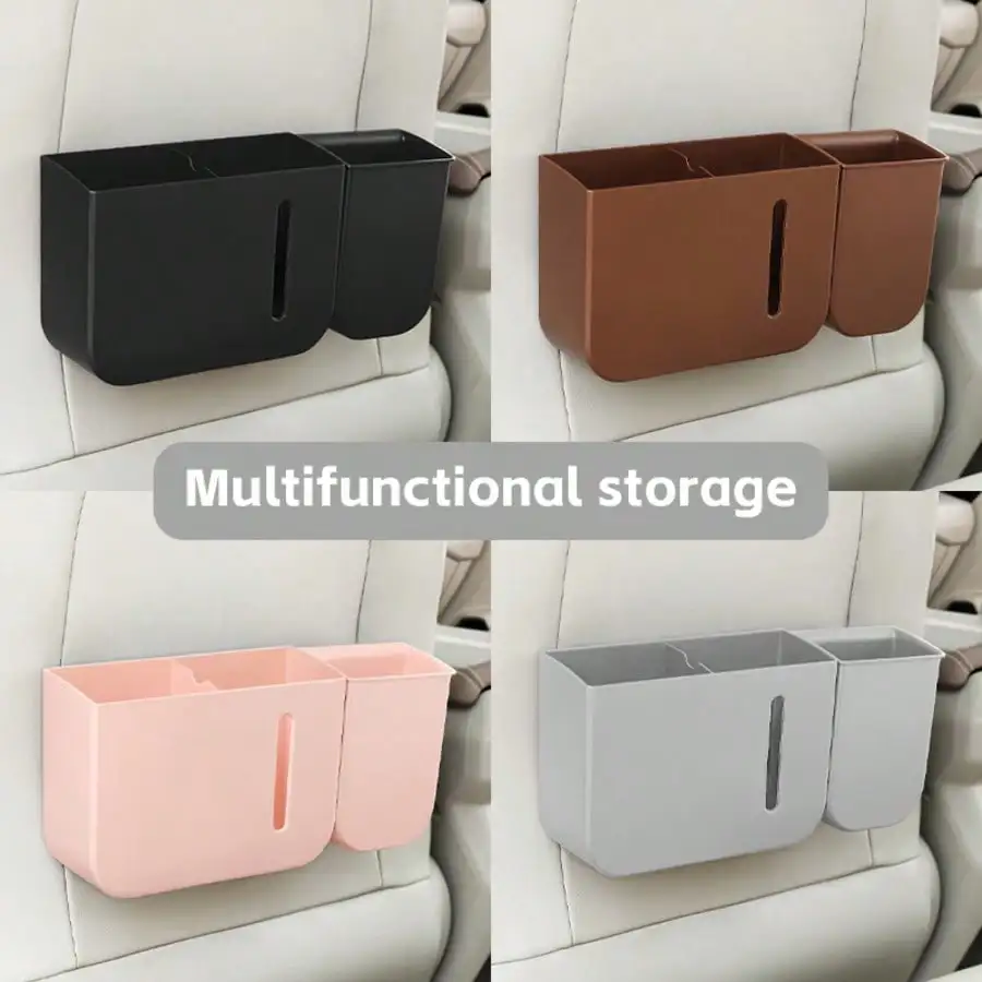

Car Seat Back Storage Box With Tissue Box Holder, Dual-Purpose For Storing Snacks/Bottled Drinks. Easy To Install, Made Of Durable ABS Material (Standard Model), High-Quality Resin Material, Compact Design. Essential For Long Trips, Suitable For In-Car St