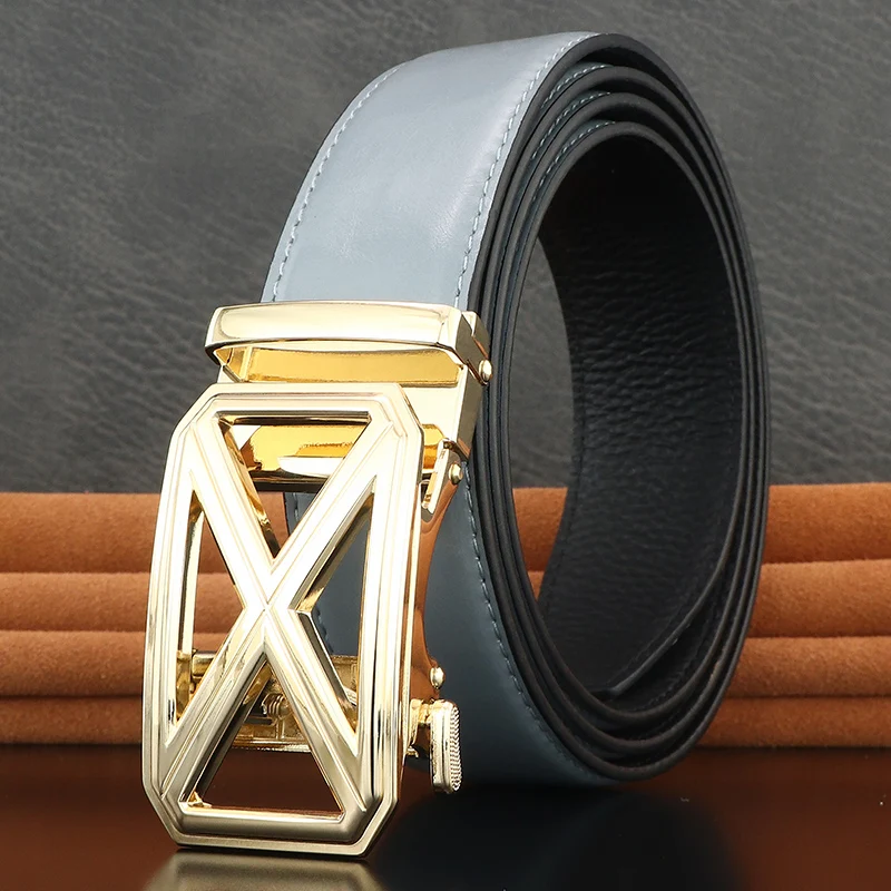 

Дизайнерские мужские ремни высокого качества, модные светло-серые натуральная кожа с буквой X, автоматическая пряжка, синий поясной ремень