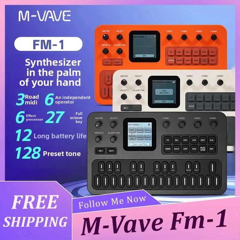 M-Vave Fm-1 Portable Fm Synthesizer Built-In Speaker Bluetooth Midi 6-Operator 32-Algorithm 128 Presets 12h Battery Holiday Gift