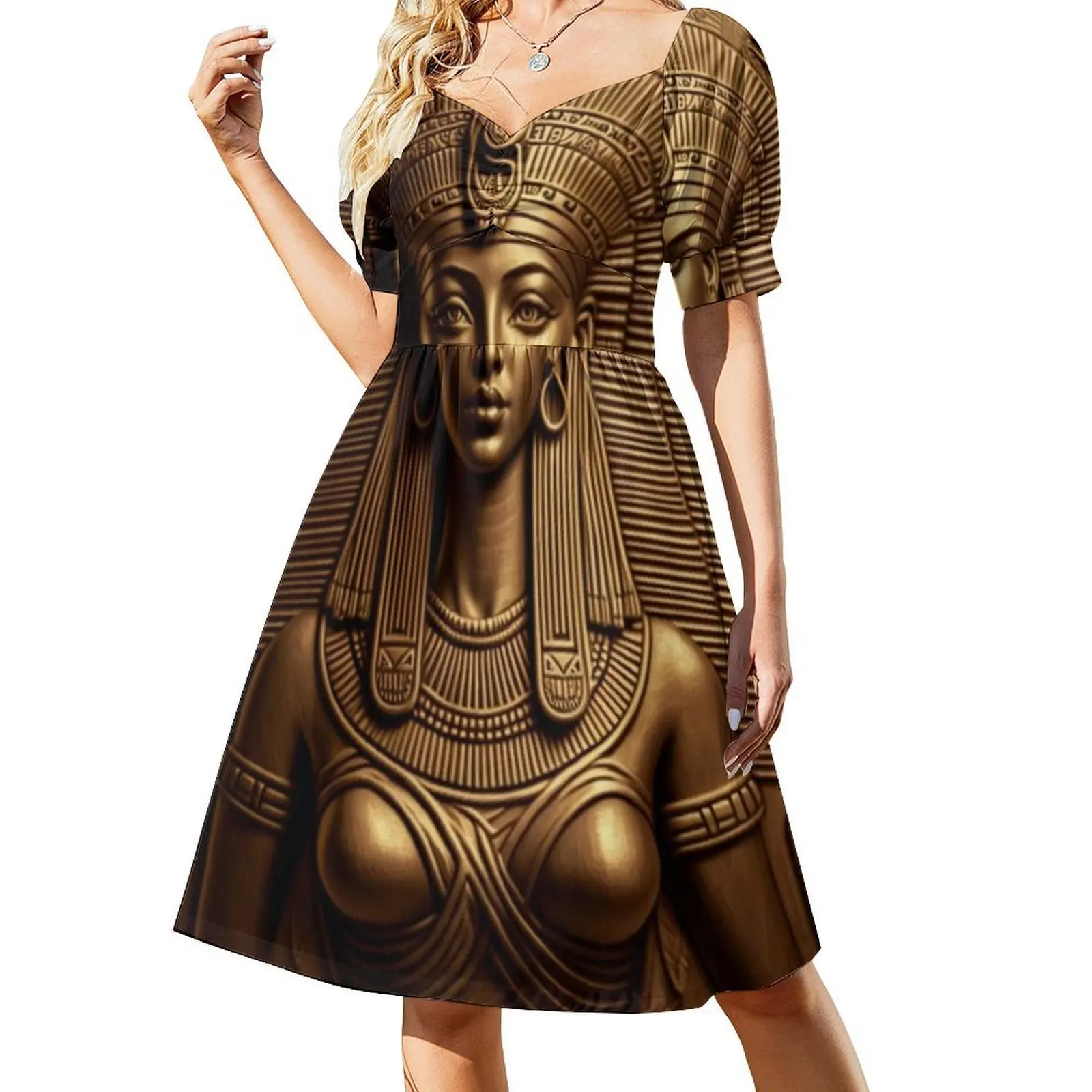 الكاهنة المصرية في الذهب. فستان بوهيمي عتيق بأكمام منتفخة أو خيارات بدون أكمام للنساء فستان مجمد مصري #2