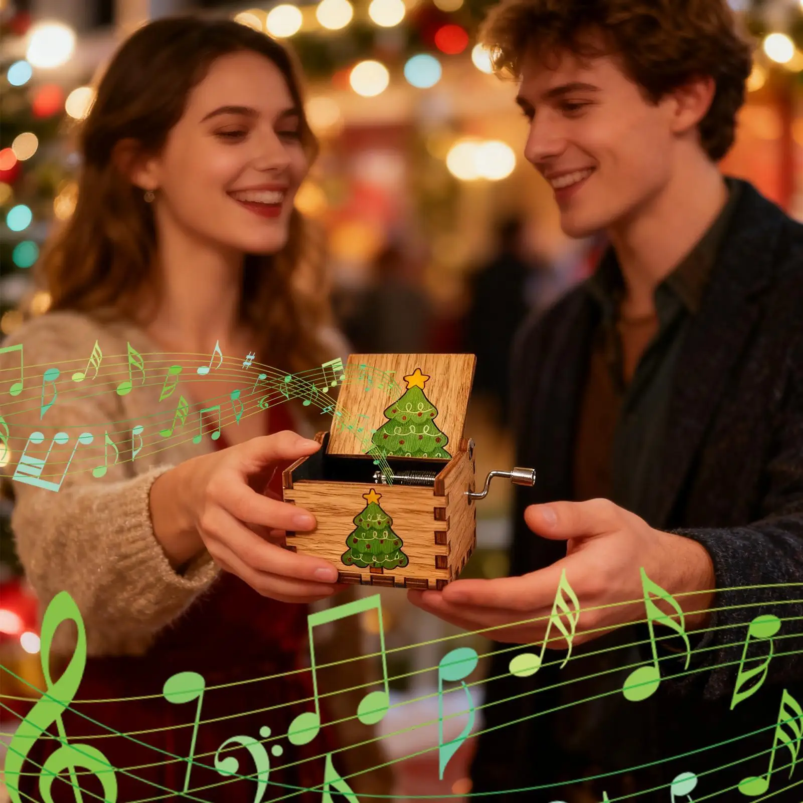 Christmas Music Box Wooden Hand Crank Ornament Vintage Holiday Melody Box for Home Desk Mantel Shelf Christmas Decoration Gifts