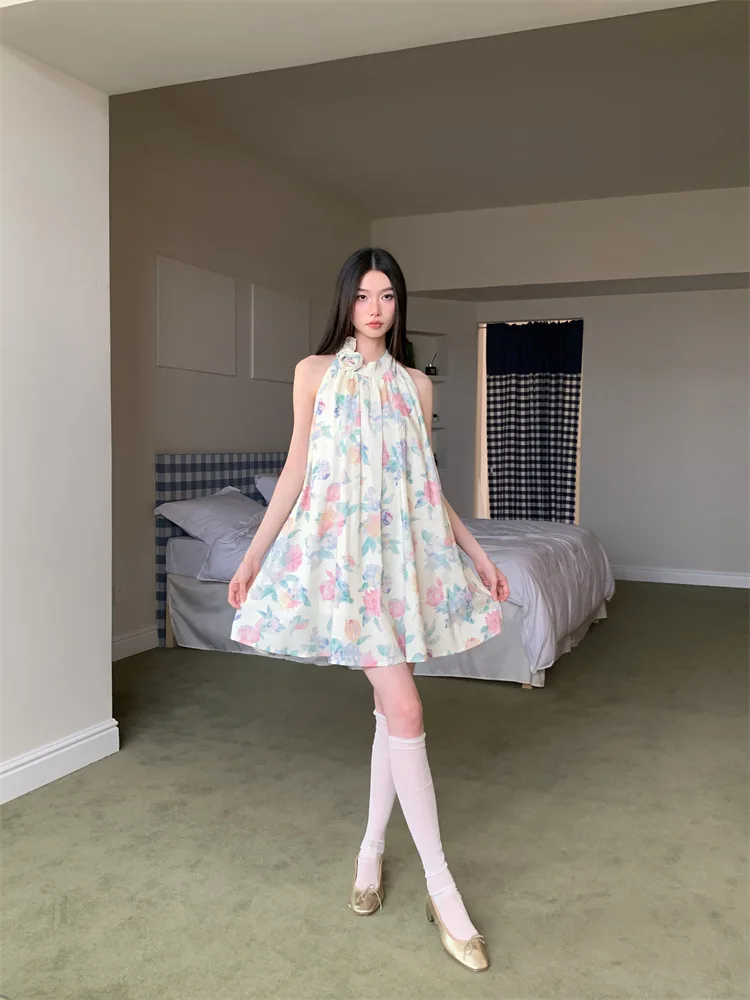 Elegância francesa floral impresso algodão-linho sem mangas halter mini vestido evasê para mulher y2k solto férias fada saias largas