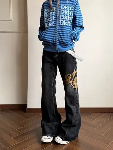 Jeans da Donna Ricamati a Gamba Larga, Pantaloni Unisex a Vita Alta, Pantaloni Dritti da Donna
