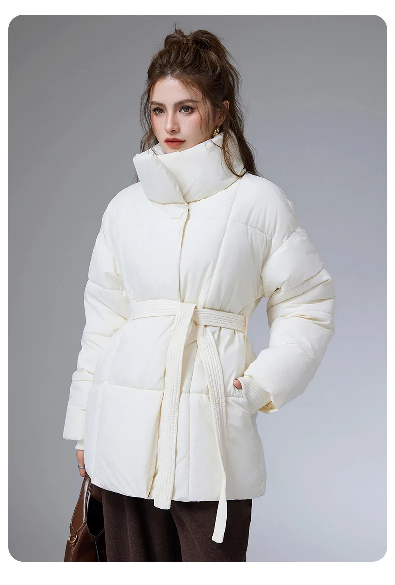 ZAROY Women Winter Belted Jacket Elegant Stand Collar Windproof Puffer Coat Cotton Padded Thick Warm Snow Parkas Overcoat куртка