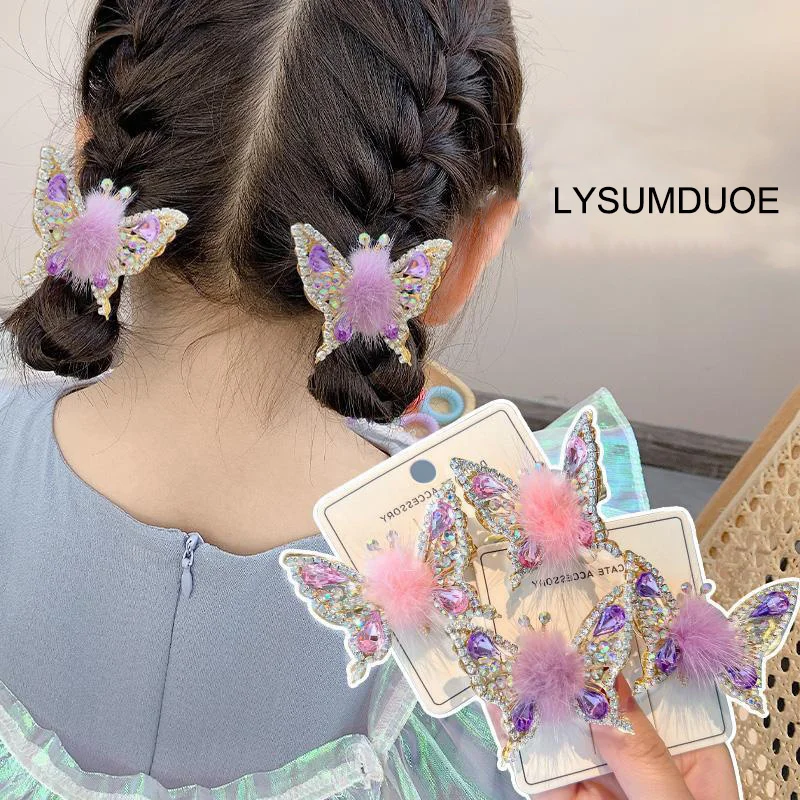 Fashion Smart Moving Butterfly Hairpin 3D Hair Clip Plush Ball Rhinestone Sparkling Headwear Hairgrip Cute Girl Hair Accessories