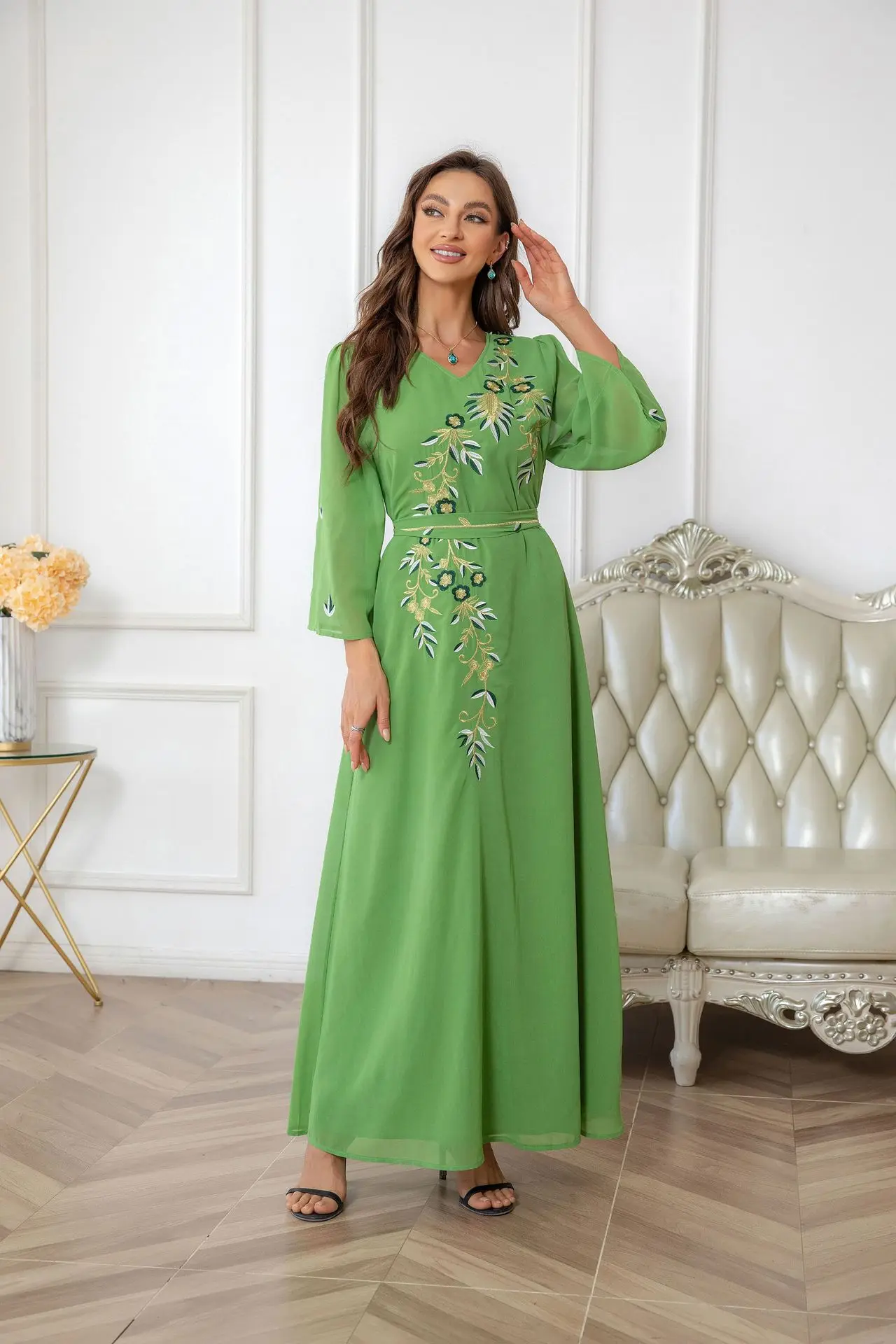 V-neck Embroidery Abayas for Wmen Chiffon Fashion Long Sleeve Muslim Dress Women Casual Holiday Islamic Clothing Robe Kaftan