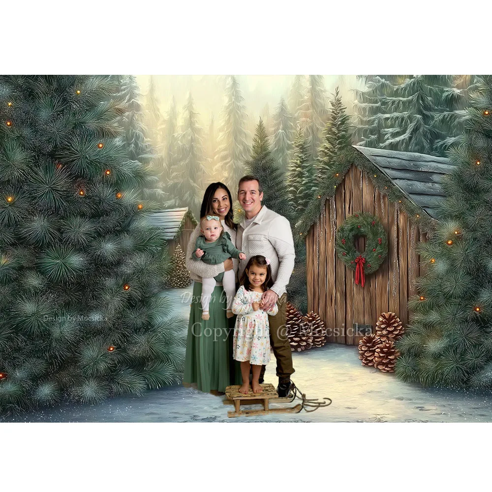 Mocsicka Christmas Tree Farm Backdrop Photography Winter Sunshine Snowflake Cabin Background Family Kids Portrait Photo Booth