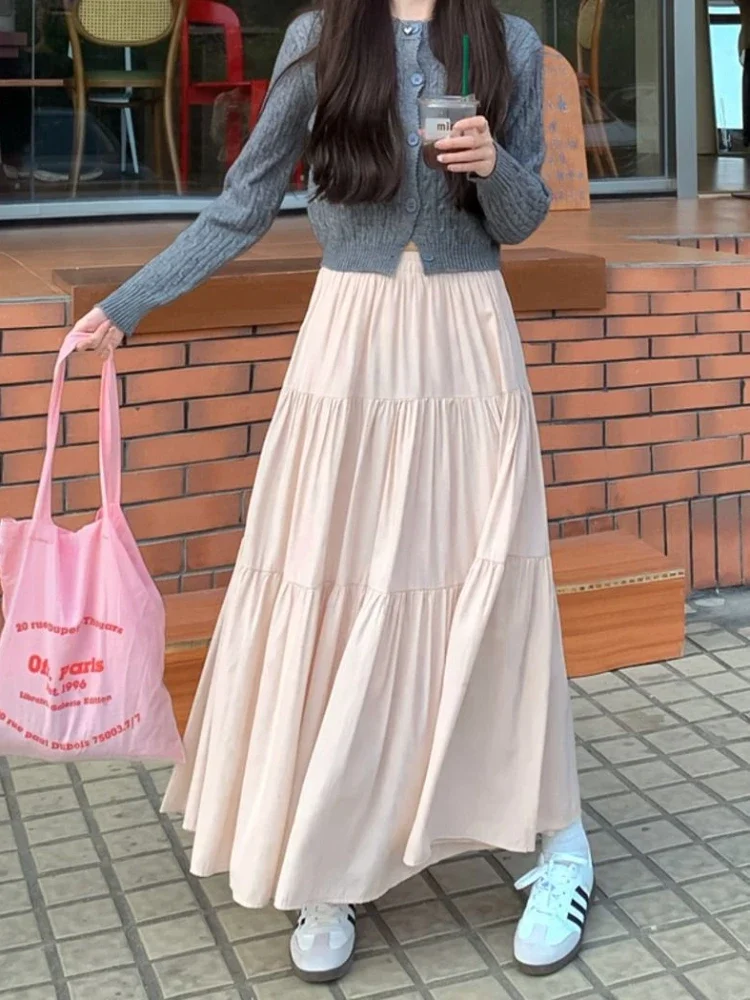 Maxi Skirts Women Sweet Solid Cute Lady Harajuku Empire Aesthetic Dating Pleated Preppy Style Soft Faldas Y2k Summer Streetwear