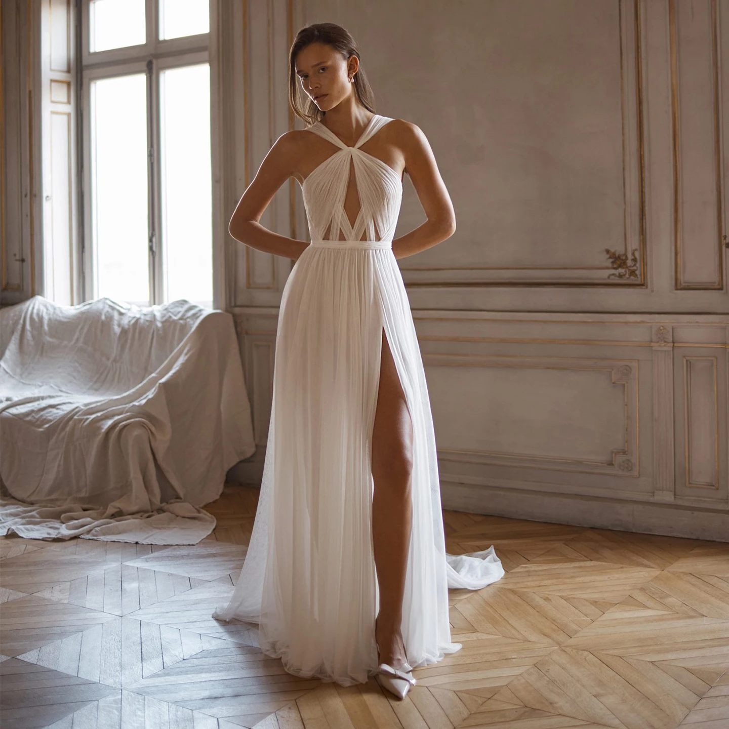Boho Chiffon Wedding Dress Halter Neck Sleeveless High Side Split Bridal Gown Simple A Line Beach Bridal Dress