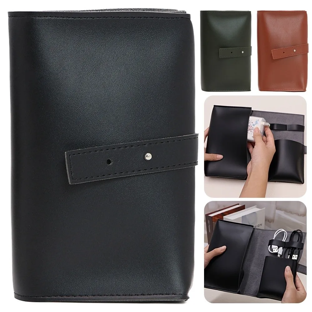 

Vintage PU Leather Organizer Multi-Compartment Portable Tech Storage Case Solid Color Cable Organizer
