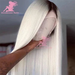 Brazilian Remy Human Hair Wig Dark Roots Colored Ash Platinum Blonde Full Lace Wigs Soft Straight Lace Front Glueless Ombre Wig