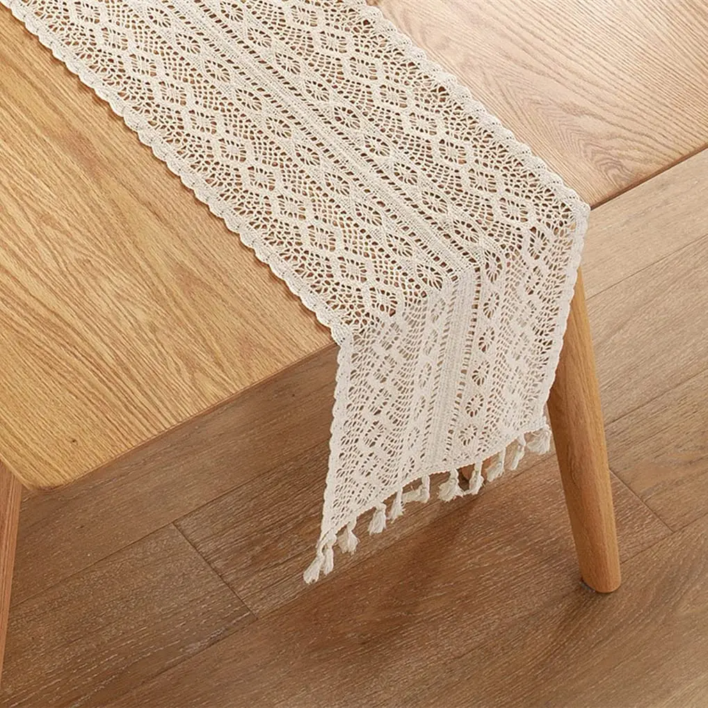 

Boho Beige Table Runner, Vintage Farmhouse, Bohemian Crochet Macrame Table Runner for Wedding Party, Coffee Dining Table Decor