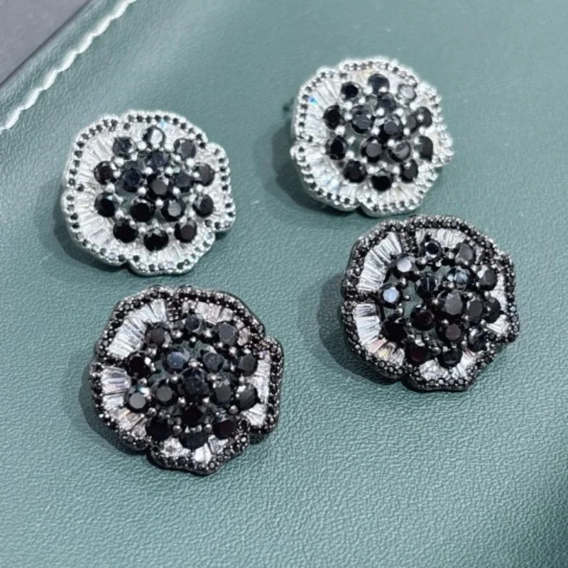 Vintage elegant flower stud earrings, minimalist black full zircon earrings, shiny rose earrings