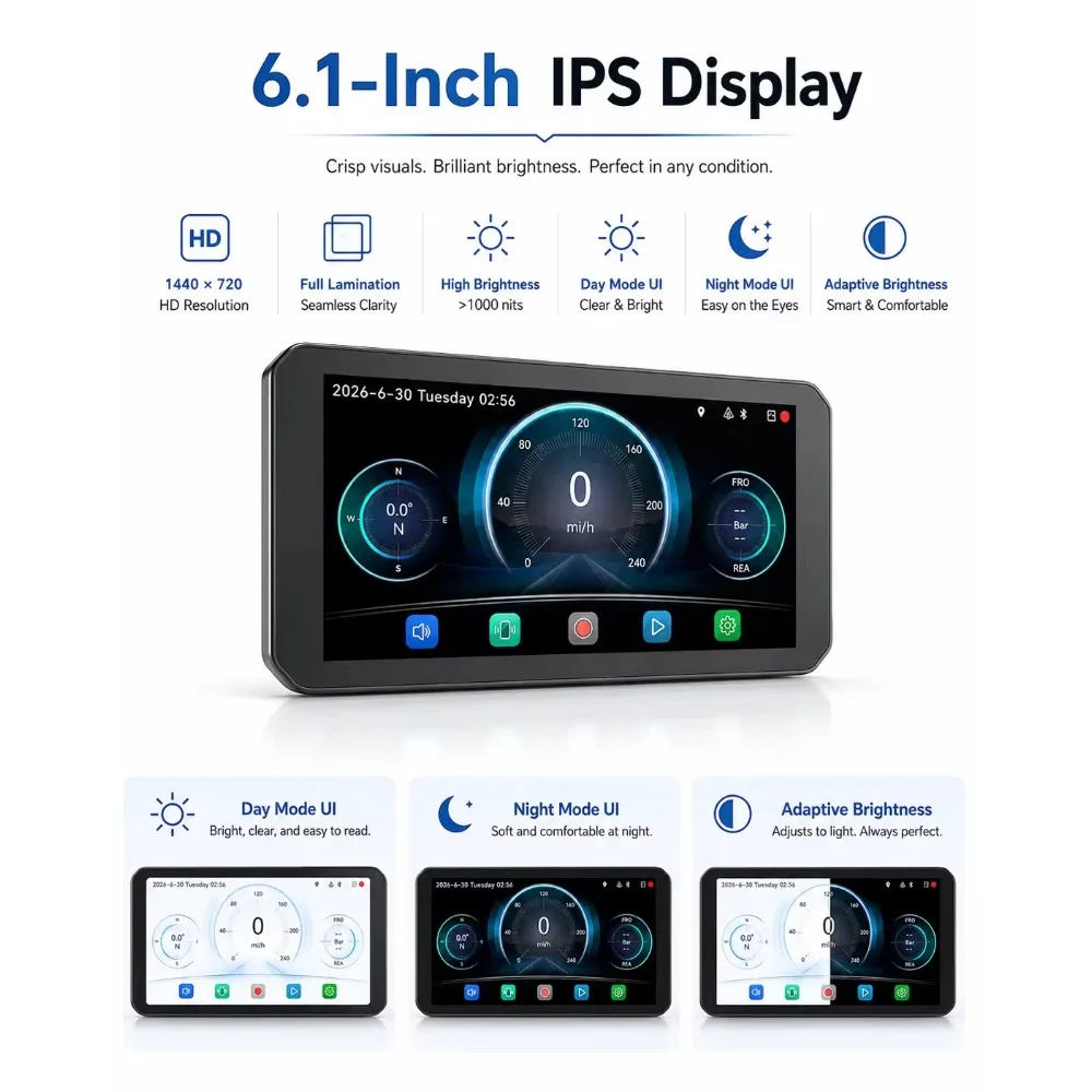 6.1-inch motorcycle DVR  Auto  navigator dual 2K cameras tire pressure monitor motorcycle navigation