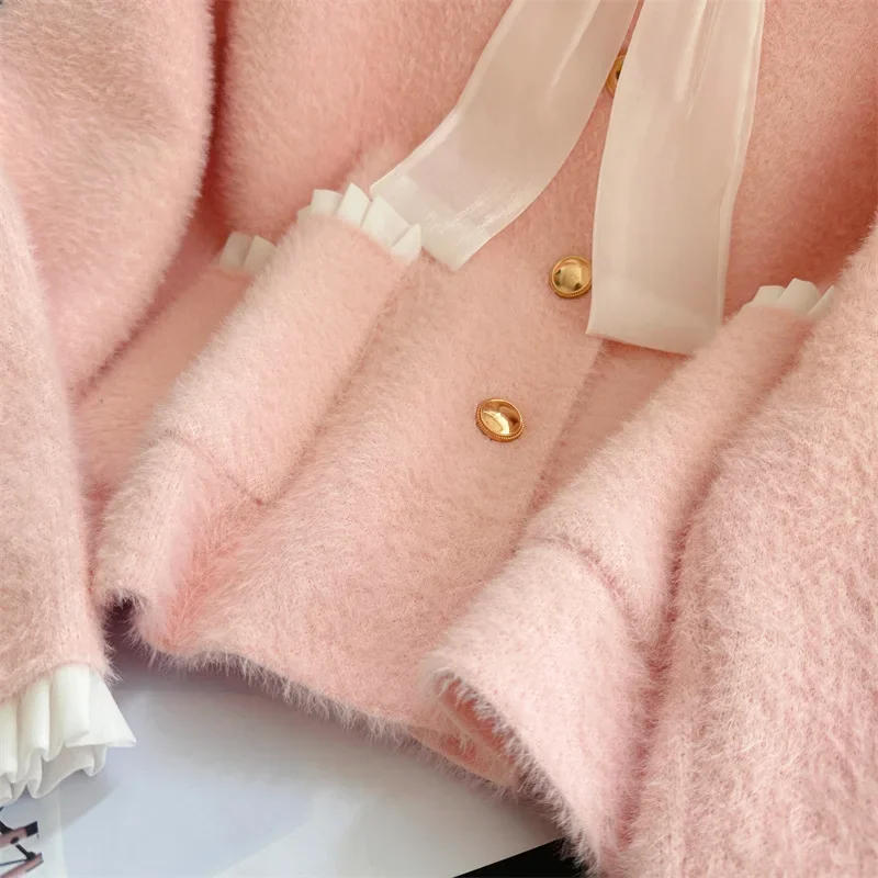 OCEANLOVE Sweet Ruffles maglioni donna autunno inverno fiocco moda coreana cardigan contrasto colore elegante Sueter De Mujer