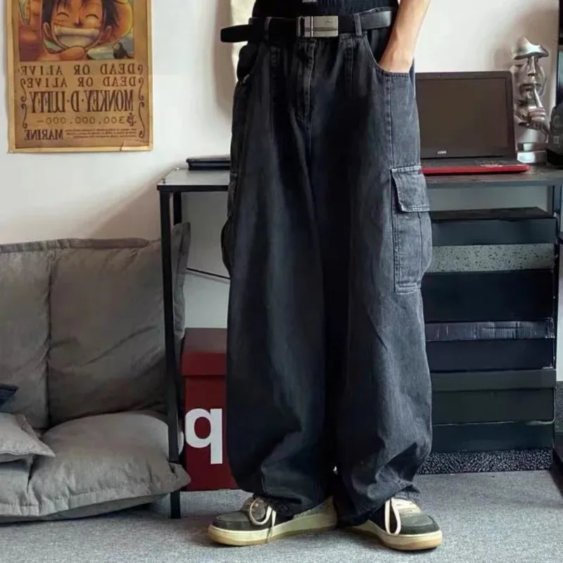 Workowate dżinsy męskie czarne szerokie spodnie dżinsowe Oversize Cargo koreańskie modne spodnie odzież męska Streetwear spodnie dresowe