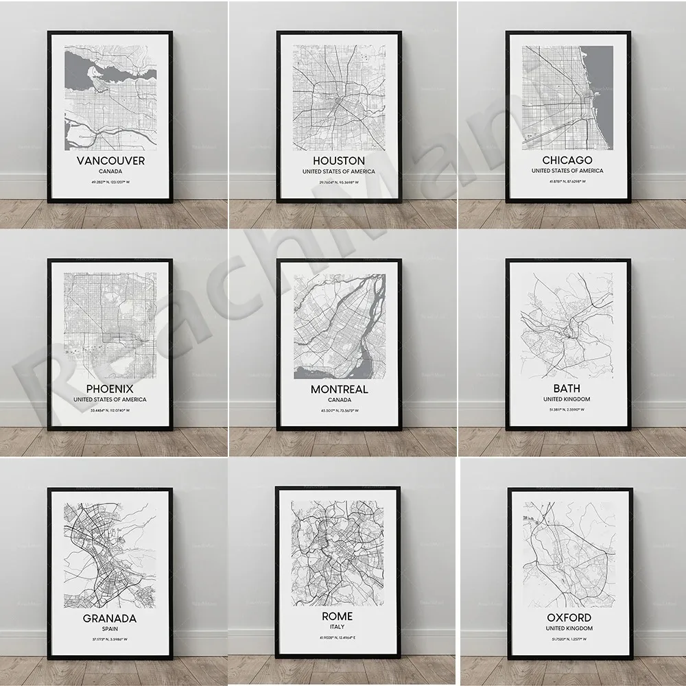 Karte poster phoenix karte chicago houston montreal vancouver poster oxford uk reise schwarzweiss minimalist ische plakat leinwand farbe