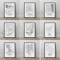 Map Poster Phoenix Map Chicago Houston Montreal Vancouver Poster Oxford UK Travel Black and White Minimalist Poster Canvas Paint