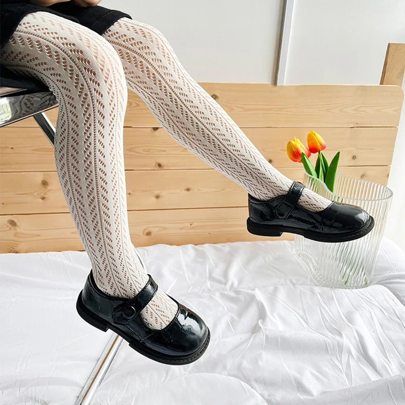 Verão malha fina algodão rede meia bonito vintage coreano branco arrastão lolita calças justas meia-calça para crianças bebê meninas crianças