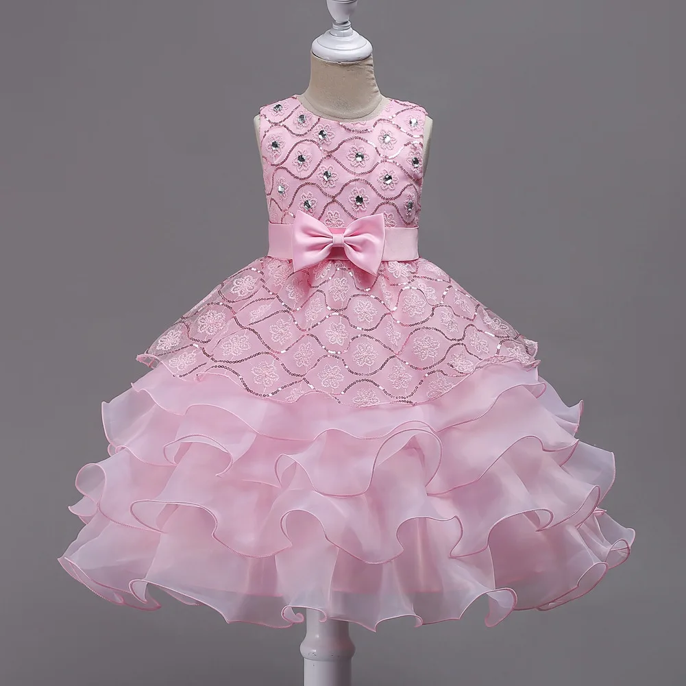 Girls Elegant Floral Embroidery Bowknot Decor Sleeveless Layered Mesh Princess Dress Clothes