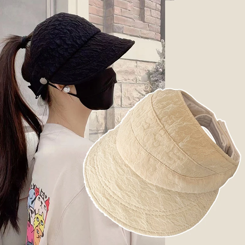 New Summer Anti Ultraviolet Fisherman Caps Seersucker Big Brim Sunshade Sunscreen Hollow Top Tied Horsetail Outdoor Sun Hats