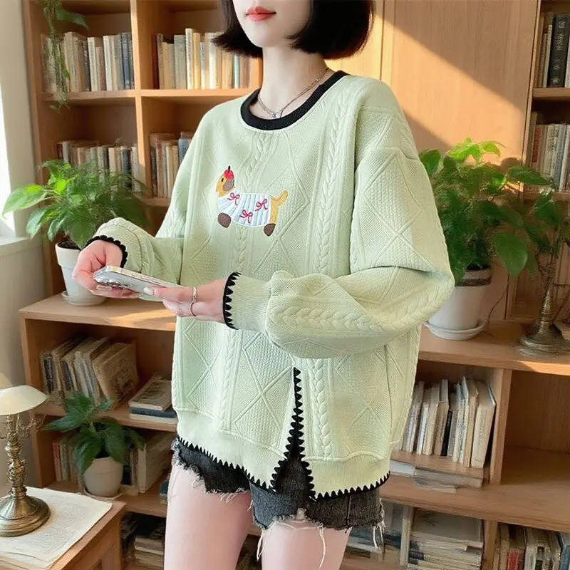 Street Fashion Hoodies Women Spring Autumn Trendy Split Hem O-neck Sweatshirt Cartoon Cute Dog Embroidery Casual Pullovers