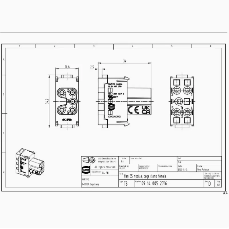 1 piece 09140052716 Harting heavy-duty connector, aviation plug, HAN ES 5-core module