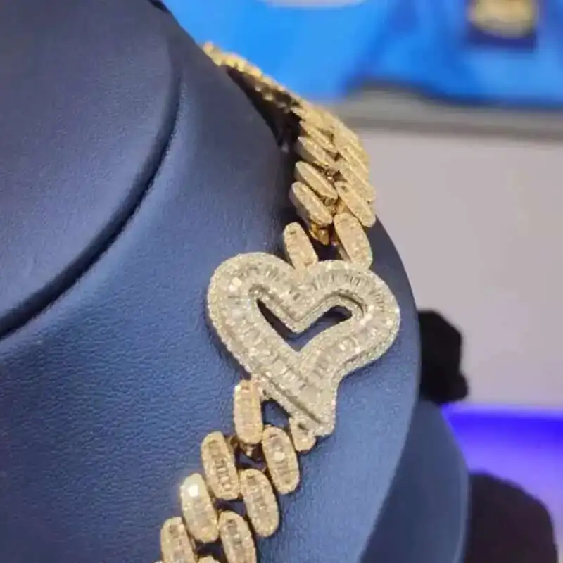 12MM VVS Baguette Hiphop Iced Out Custom Heart Charm 925 Sterling Silver Gold Plated Moissanite Cuban Chain