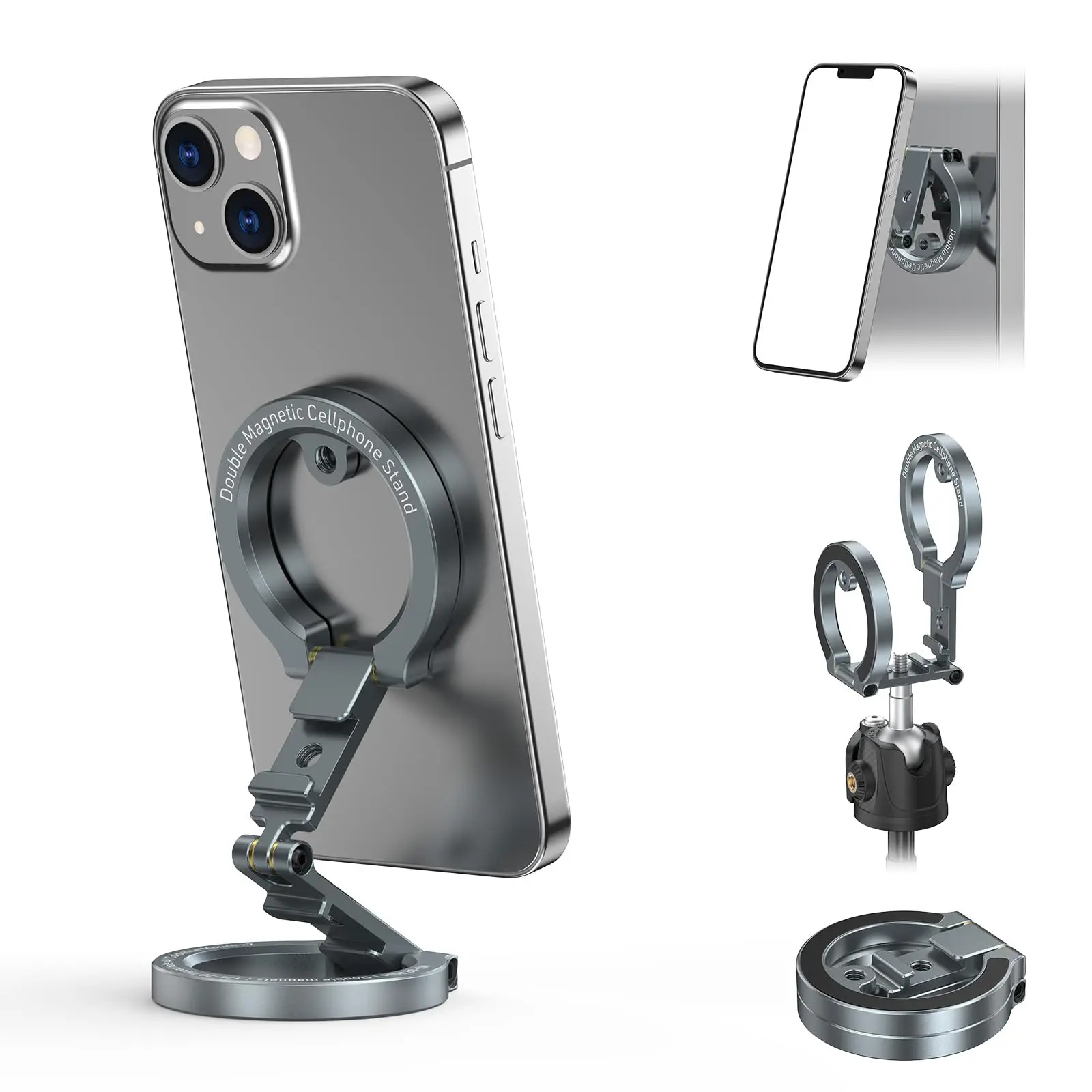 CAMOLO MG-02 Plus Dual Magnetic Phone Stand Foldable Magsafe Phone Holder w 1/4"-20 Phone Tripod Mount for Iphone 17 16 Android