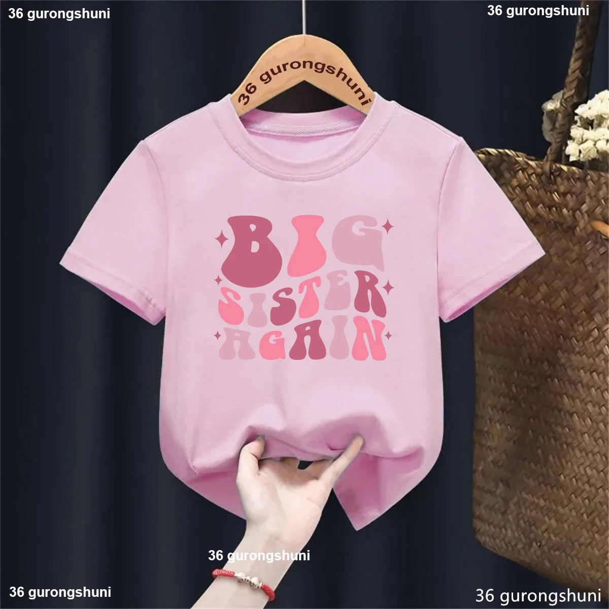 Big Sister Again Girls Shirt - Retro Groovy New Big Sis Again Kids Clothing - 3rd Birth Announcement Casual Short Sleeve Tshirt