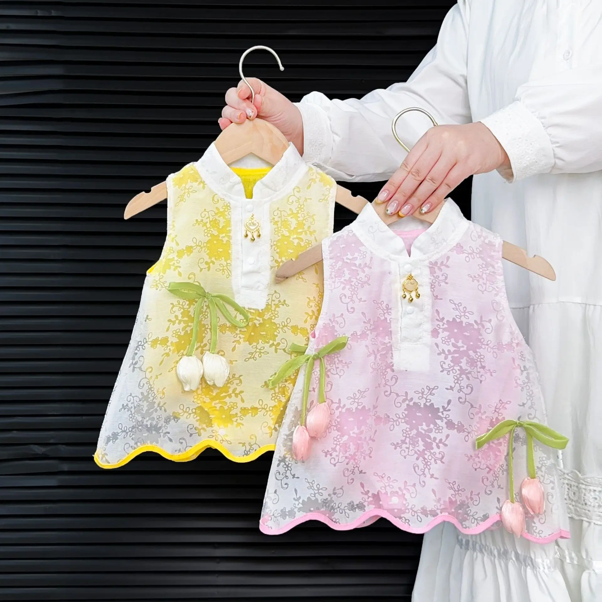 0-2Y Baby Newborn Items Romper Dress Summer Cute Girls New Chinese Wave Hem Bodysuit with Tulip Decor Soft Floral Print Outfit