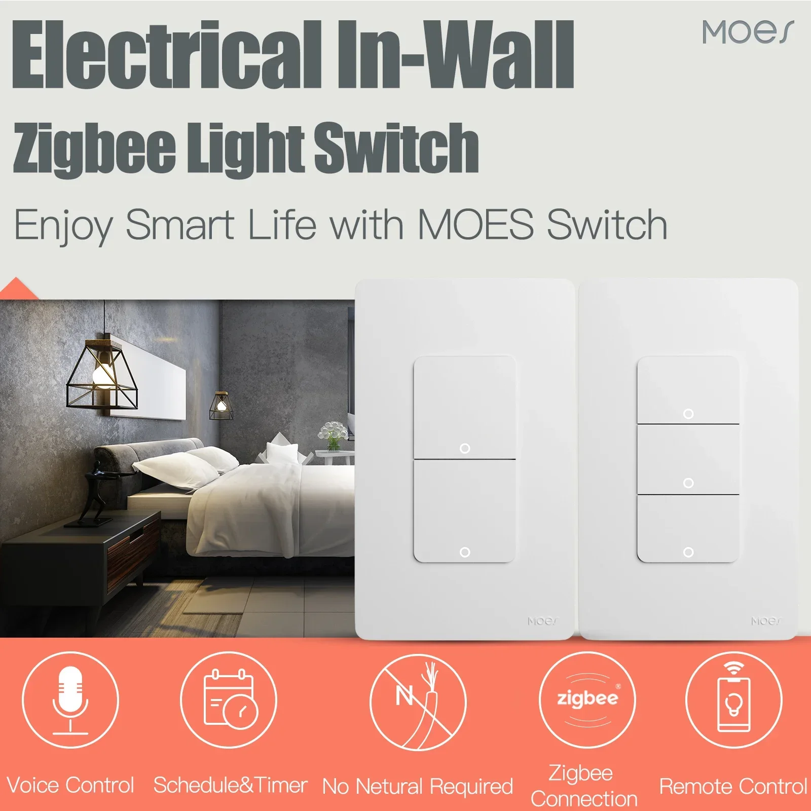 Tuya ZigBee Smart Light Switch US Push Button Wall Switch Work With Alexa Google Home Neutral Wire/No Neutral Wire Required