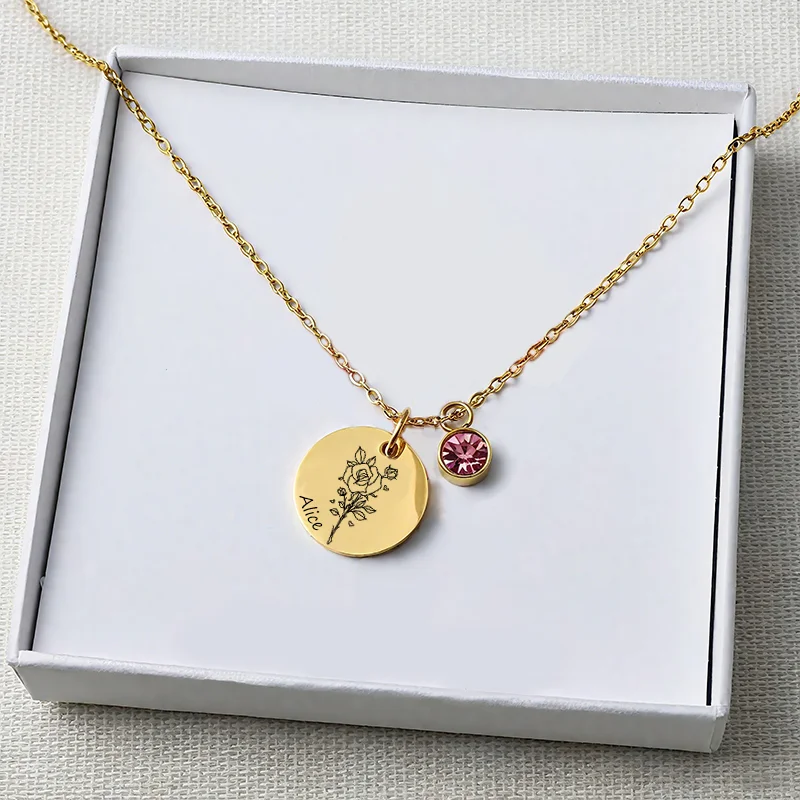 Custom Birthstones Flower Pendant Necklaces for Woman Personalized Engraving Text Backside Jewelry Gift for Girlfriend Mother