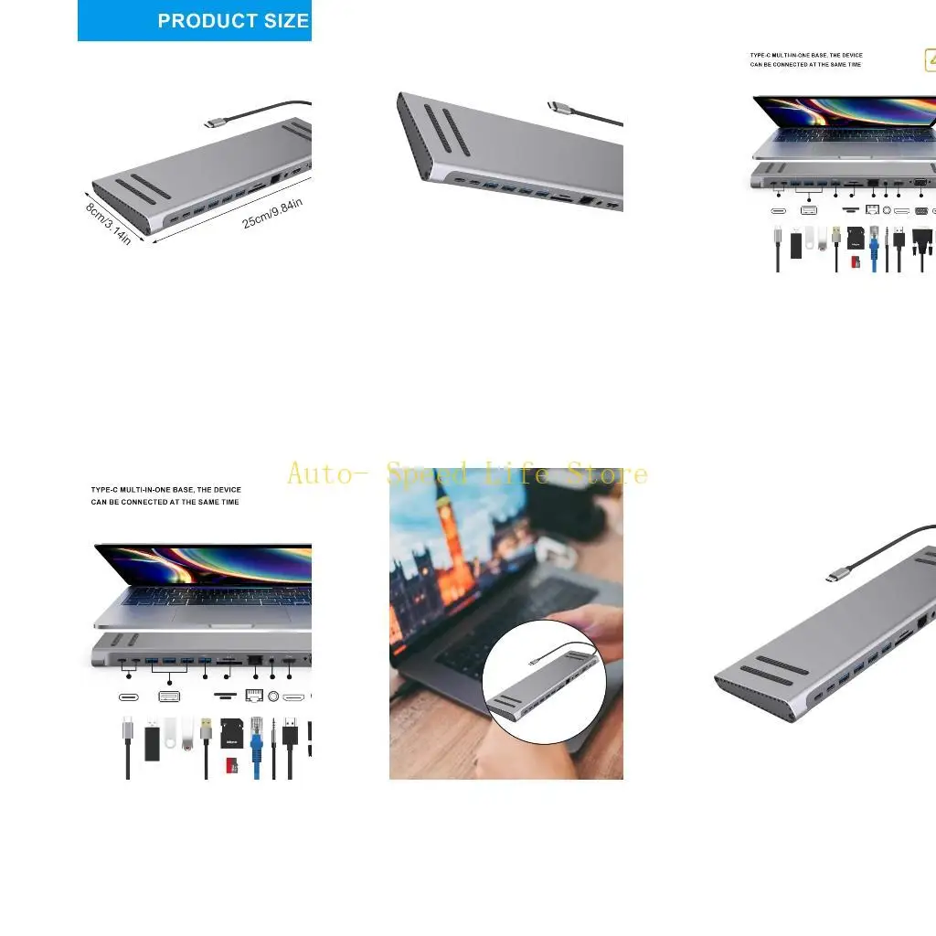 02DA Laptop Type C Hubs 14Port Including HDMIs VGA RJ45 USB3.0 USB2.0 Card Slot