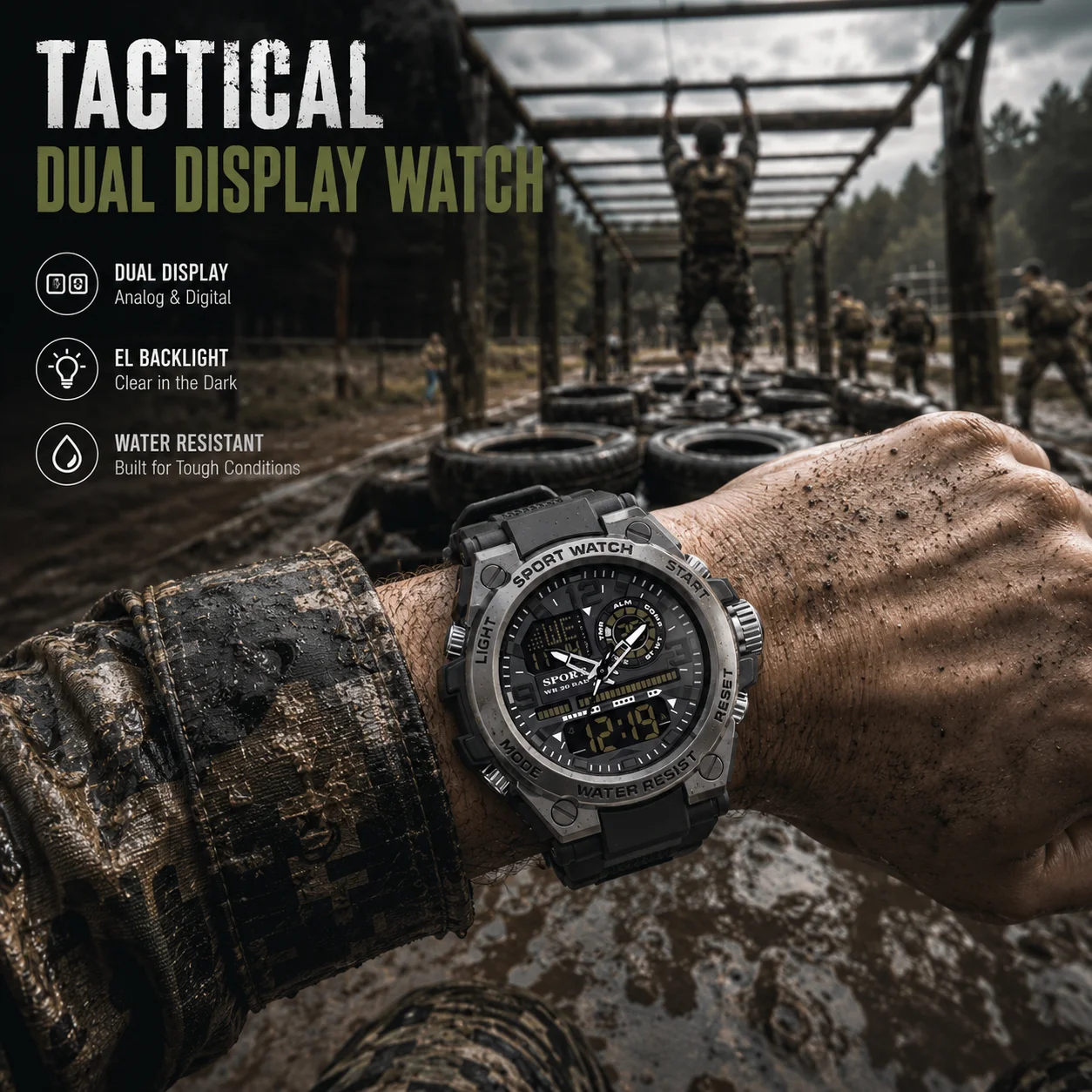 Men Digital Sports Watch Multifunctional Waterproof Luminous Stopwatch Chronograph Outdoor Electronic Wristwatch for Sports
