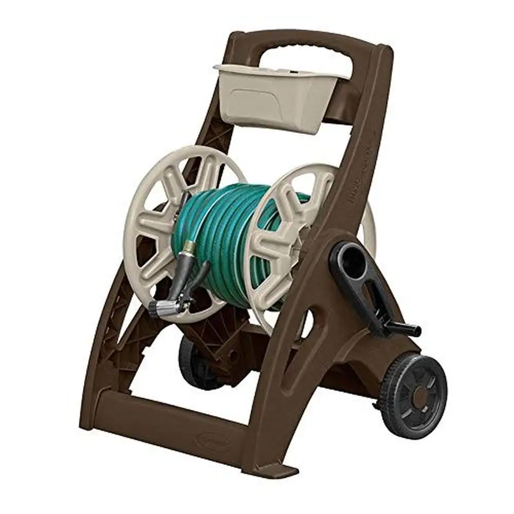 Garden Hose Reel Cart with Storage Bin Sturdy Resin Construction Mocha Finish 225ft Capacity