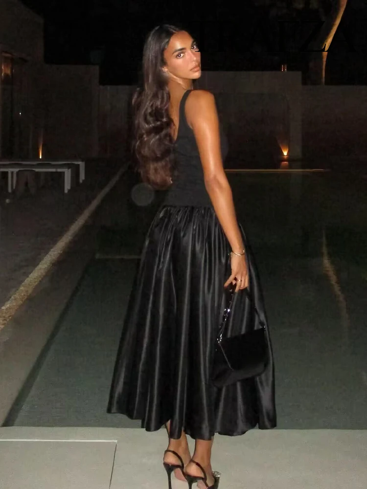 

HH Women Splicing Sleeveless Sexy Pleated Elegant Midi Dress 2025 Summer Woman Wide Shoulder Strap Slim Evening Dress