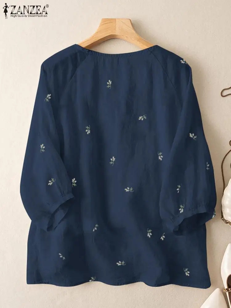 ZANZEA Spring WomenTops Vintage Holiday Blouse Autumn Casual 3/4 Sleeve Floral Embroidery Loose Shirt Party Work Cotton Blusas